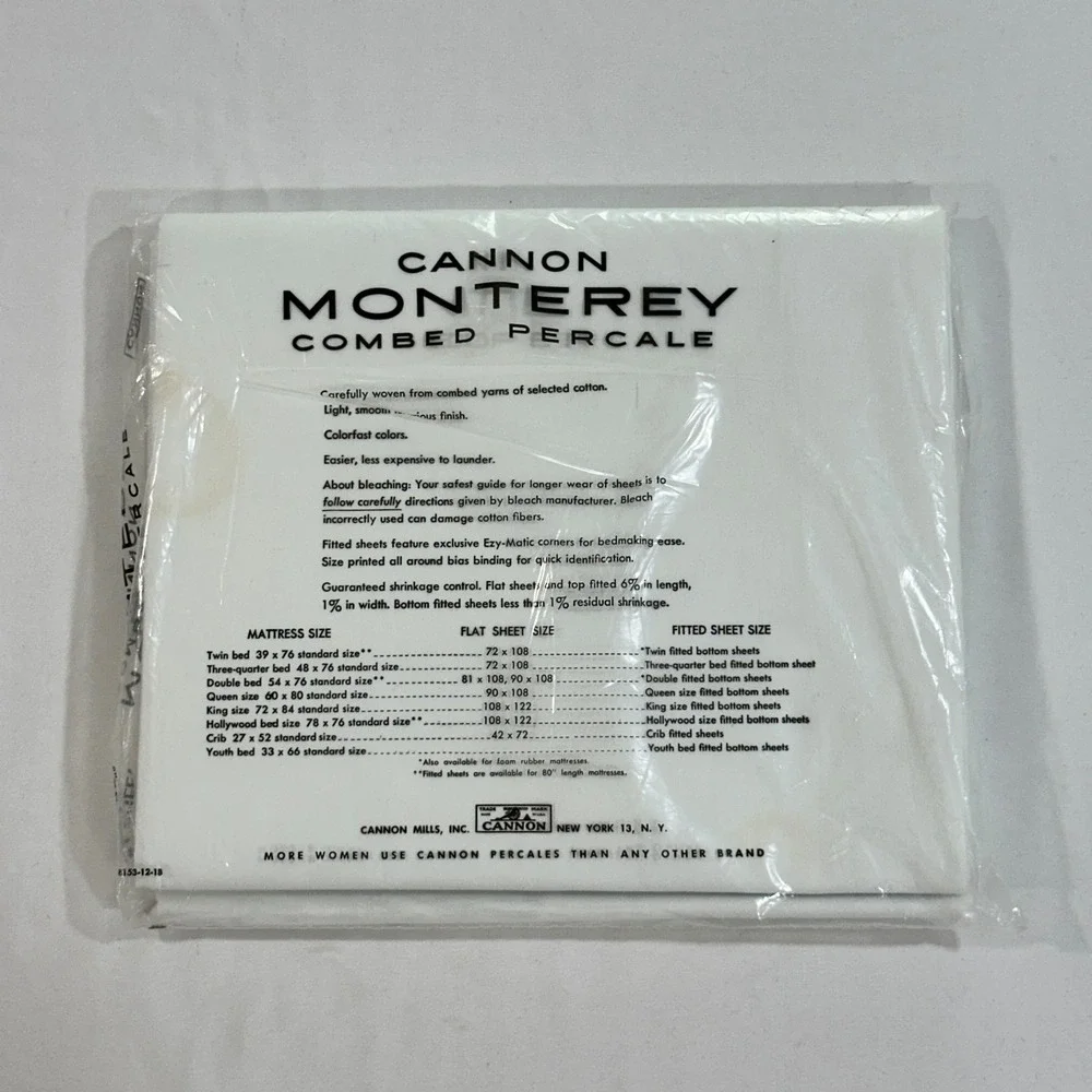 Cannon Monterey Flat Sheet Double Full Combed Percale‎ Cotton Vintage White USA
